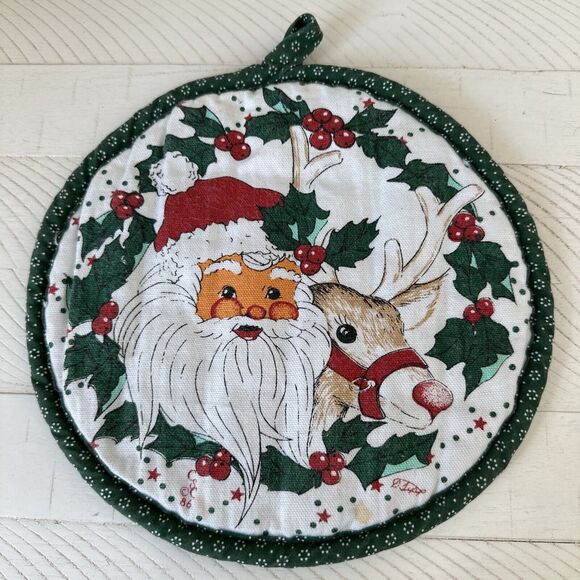 Vintage 80s Santa & Reindeer CSC Potholder Christmas Holiday Kitchen Decor Retro - Picture 1 of 7